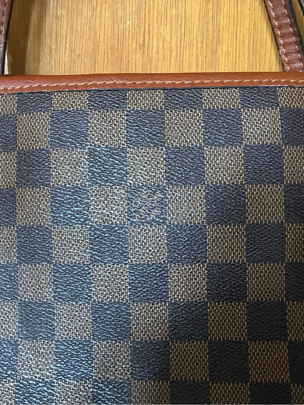 Luis Vuitton Brown Checkered Tote Bag with Dark Brown Trim